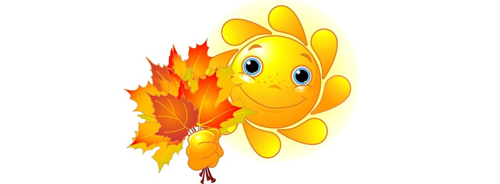 A happy sun graphic holding fall leaves