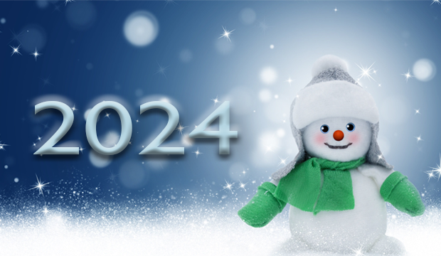 Year 2024 smiling snowman in snow